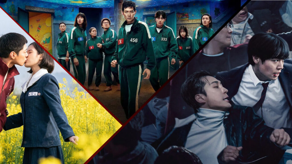 K-dramas mais assistidos na Netflix em 2025: imagem de destaque com Squid Game, When Life Gives You Tangerines e Weak Hero