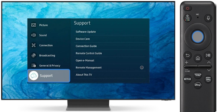 Exemplo de menu de atualização de software em Smart TV Samsung, essencial para manter desempenho e segurança.