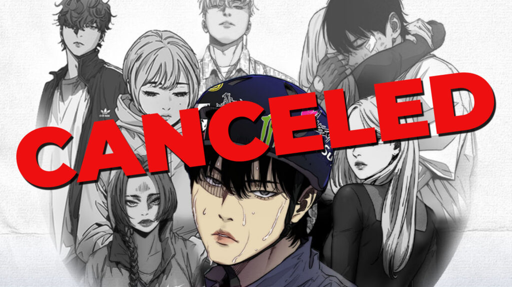 Imagem promocional de Wind Breaker webtoon cancelado por plágio, arte de Yongseok Jo e destaque para comunicado da Naver Webtoon