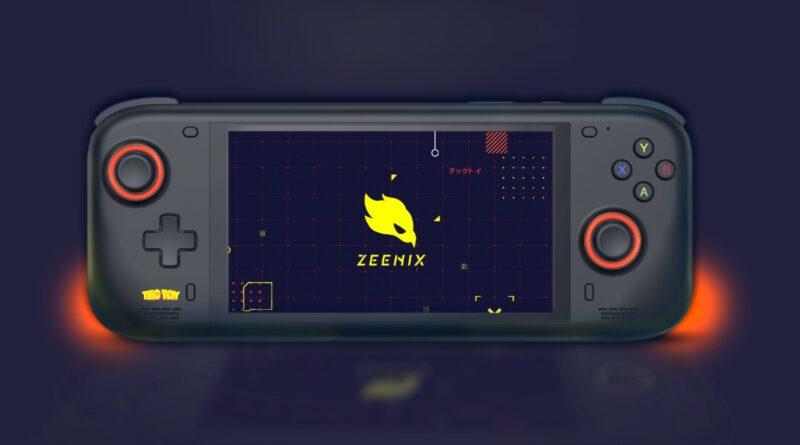 Console Zeenix Pro, portátil da TecToy, exibido em ambiente de demonstração, destacando visual moderno e controles ergonômicos