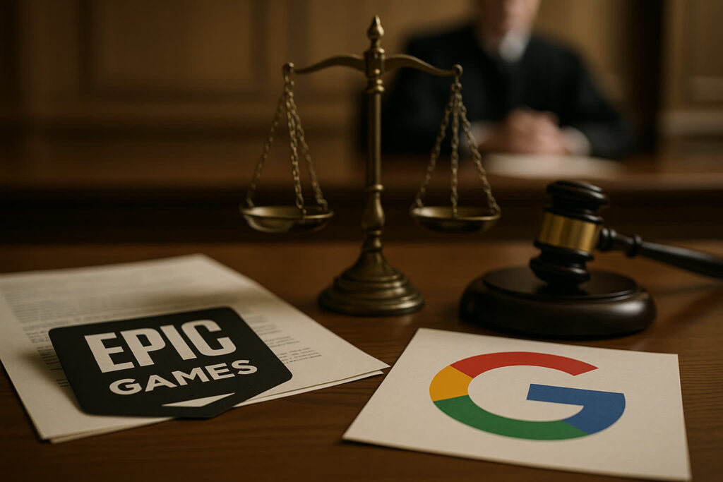Google Play Store é considerado monopólio ilegal após decisão 1 Corte apoia Epic Games ao decidir que a Google Play Store é monopólio ilegal. Imagem mostra o logotipo da Google Play Store e elementos de tribunal em fundo neutro.