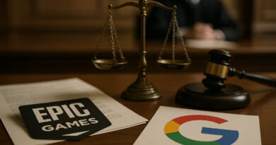 Corte apoia Epic Games ao decidir que a Google Play Store é monopólio ilegal. Imagem mostra o logotipo da Google Play Store e elementos de tribunal em fundo neutro.