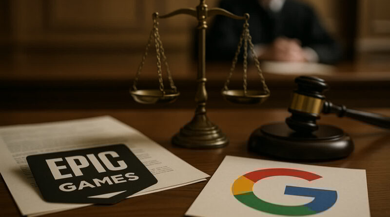 Corte apoia Epic Games ao decidir que a Google Play Store é monopólio ilegal. Imagem mostra o logotipo da Google Play Store e elementos de tribunal em fundo neutro.