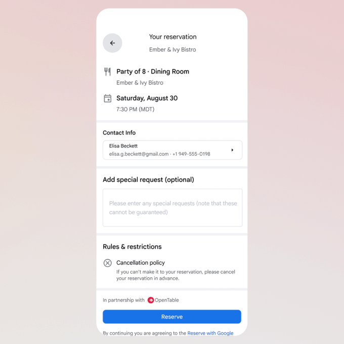 Exemplo de reservas de restaurantes via Google AI Mode; interface exibindo lista curada com disponibilidade em tempo real