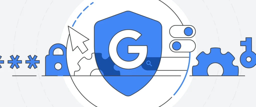 Gemini: chats temporários aprimoram privacidade e personalização 4 Escudo azul com logo G do Google, cercado por ícones de segurança como cadeado e chave, simbolizando proteção de dados na Gemini