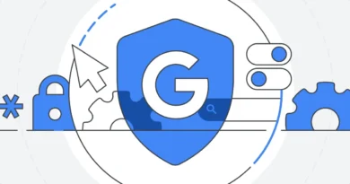 Escudo azul com logo G do Google, cercado por ícones de segurança como cadeado e chave, simbolizando proteção de dados na Gemini