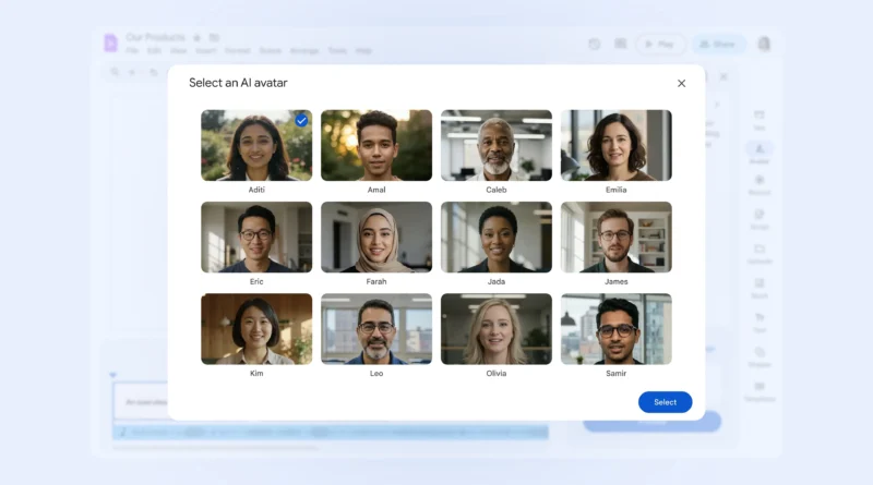 Google Vids com avatares de IA exibindo vozes, personas e opções no editor