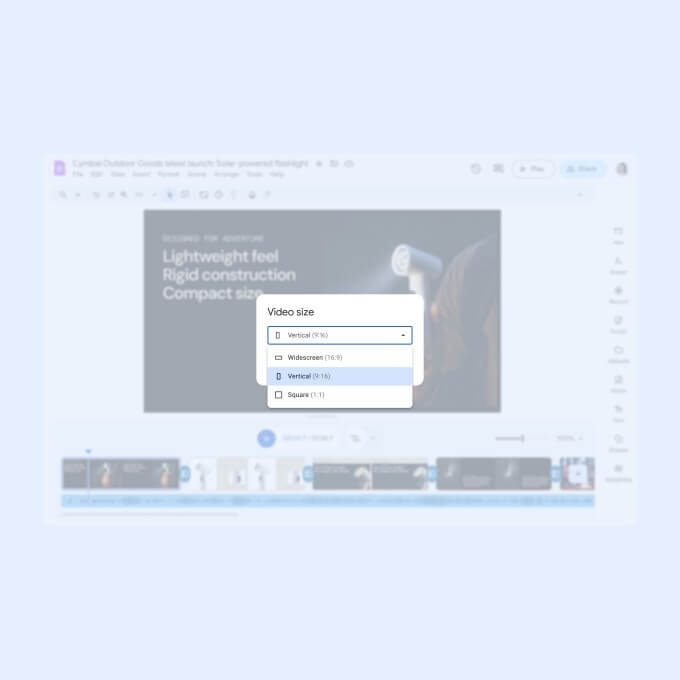 Google Vids com seleção de formatos vertical, horizontal e quadrado