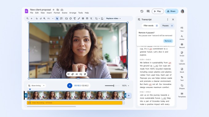 Google Vids mostrando corte automático de vícios de linguagem e pausas no editor