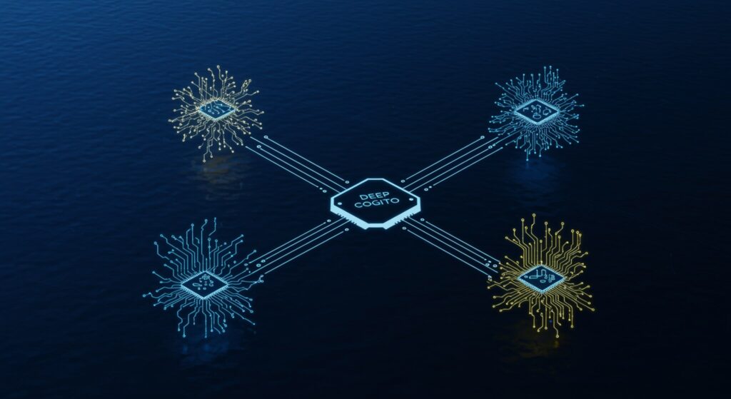 Deep Cogito lança 4 modelos abertos de IA com intuição autoaperfeiçoada 2 Ilustração em estilo história em quadrinhos: mergulhador flutua em água verde sobre baú com placas de circuito luminosas, simbolizando a descoberta de novos horizontes na inteligência artificial por meio dos modelos da Deep Cogito