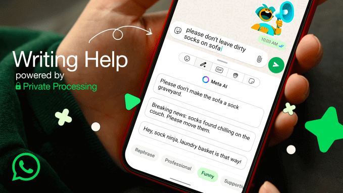 Recurso de IA do WhatsApp ajusta o tom de mensagens 3 recurso de IA do WhatsApp: Captura de tela do WhatsApp Writing Help exibindo sugestões engraçadas para reescrever uma mensagem