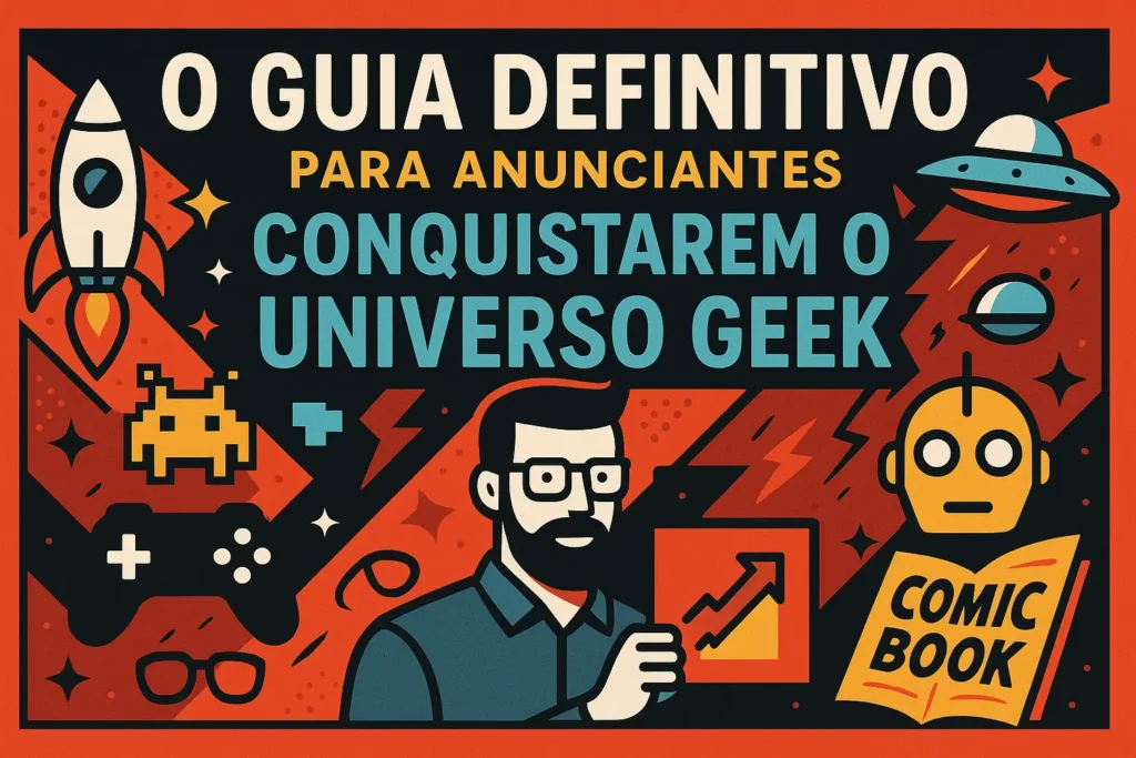 Geek Publicitário: O Guia Definitivo para Conquistar o Fandom 3 Equipe criativa em um ambiente de trabalho moderno e colaborativo, discutindo ideias em frente a um monitor com gráficos e personagens