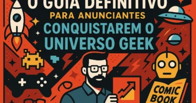 Equipe criativa em um ambiente de trabalho moderno e colaborativo, discutindo ideias em frente a um monitor com gráficos e personagens