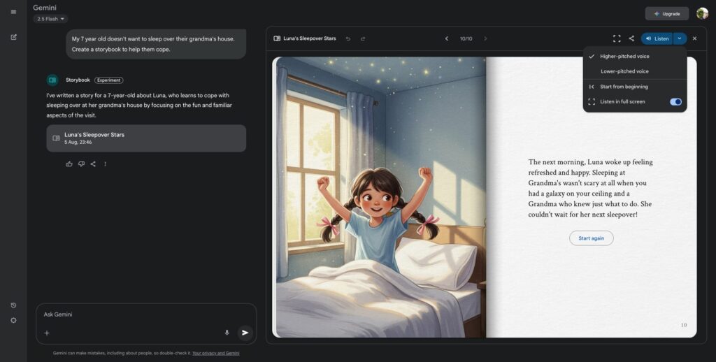 Livros ilustrados Gemini: crie histórias personalizadas com IA 1 Ilustração representando novos livros personalizados do Gemini: uma criança lê ao lado de desenhos coloridos, simbolizando histórias únicas. Livro ilustrado, IA, app Gemini, Google