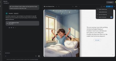 Ilustração representando novos livros personalizados do Gemini: uma criança lê ao lado de desenhos coloridos, simbolizando histórias únicas. Livro ilustrado, IA, app Gemini, Google
