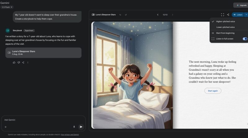 Ilustração representando novos livros personalizados do Gemini: uma criança lê ao lado de desenhos coloridos, simbolizando histórias únicas. Livro ilustrado, IA, app Gemini, Google