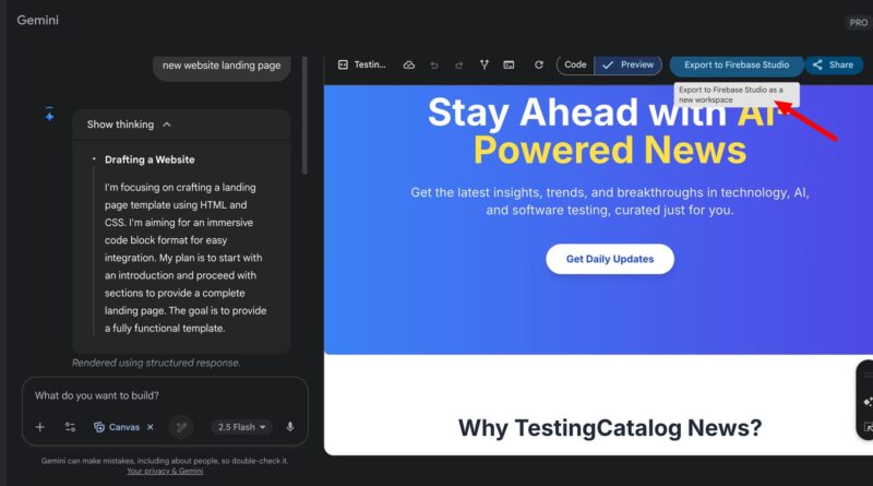 Google testa exportação do Gemini Canvas para Firebase Studio em prototipagem