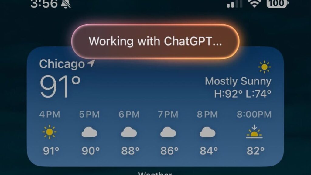 Interface do iOS exibindo 'Trabalhando com ChatGPT' – integração GPT-5 Apple.