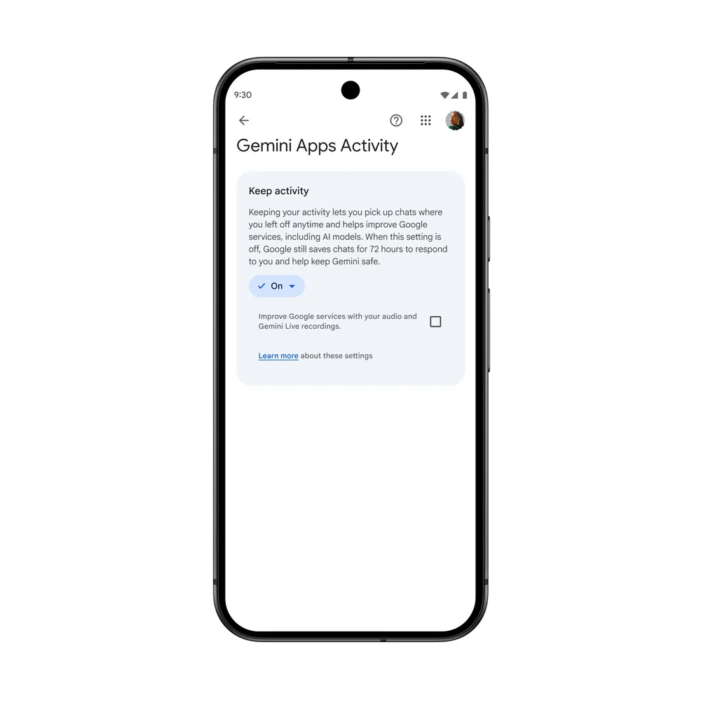 Tela das configurações de atividade do aplicativo Gemini em um smartphone, com a opção 'Manter atividade' ativada e gravações de áudio desativadas