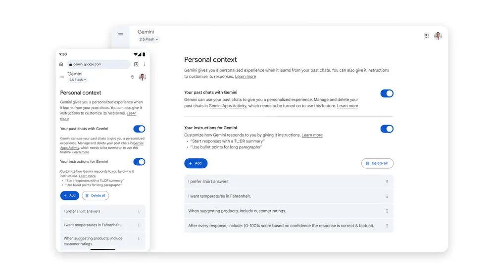 Comparação lado a lado das configurações de contexto pessoal do Gemini em um smartphone e navegador desktop, exibindo opções de personalização