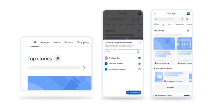 Exemplo do painel que exibe fontes preferidas, instruindo o usuário a selecionar sites para personalizar resultados de busca
