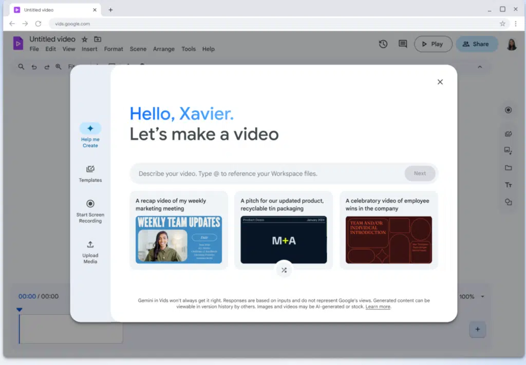 Tela inicial do Google Vids para editar vídeos no Google Drive com IA generativa