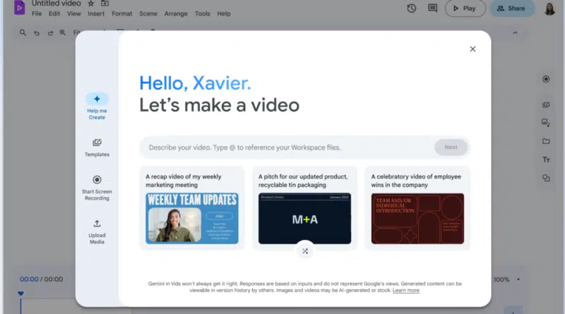 Tela inicial do Google Vids para editar vídeos no Google Drive com IA generativa