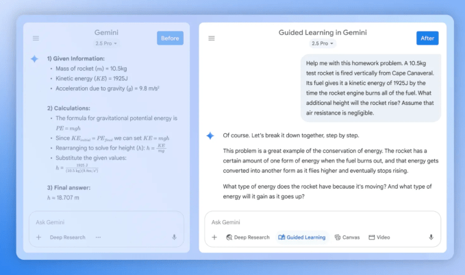Interface do Guided Learning no Gemini com gráficos e recursos visuais para facilitar o aprendizado