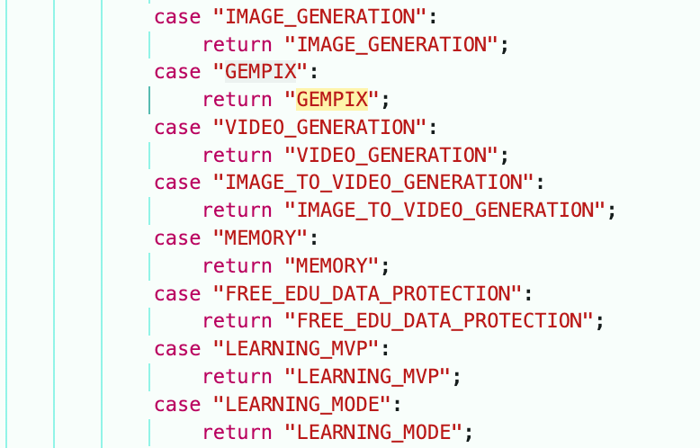 Screenshot do código Gemini mencionando GEMPIX, indicando integração do novo recurso de geração de imagens com o Pixel 10.