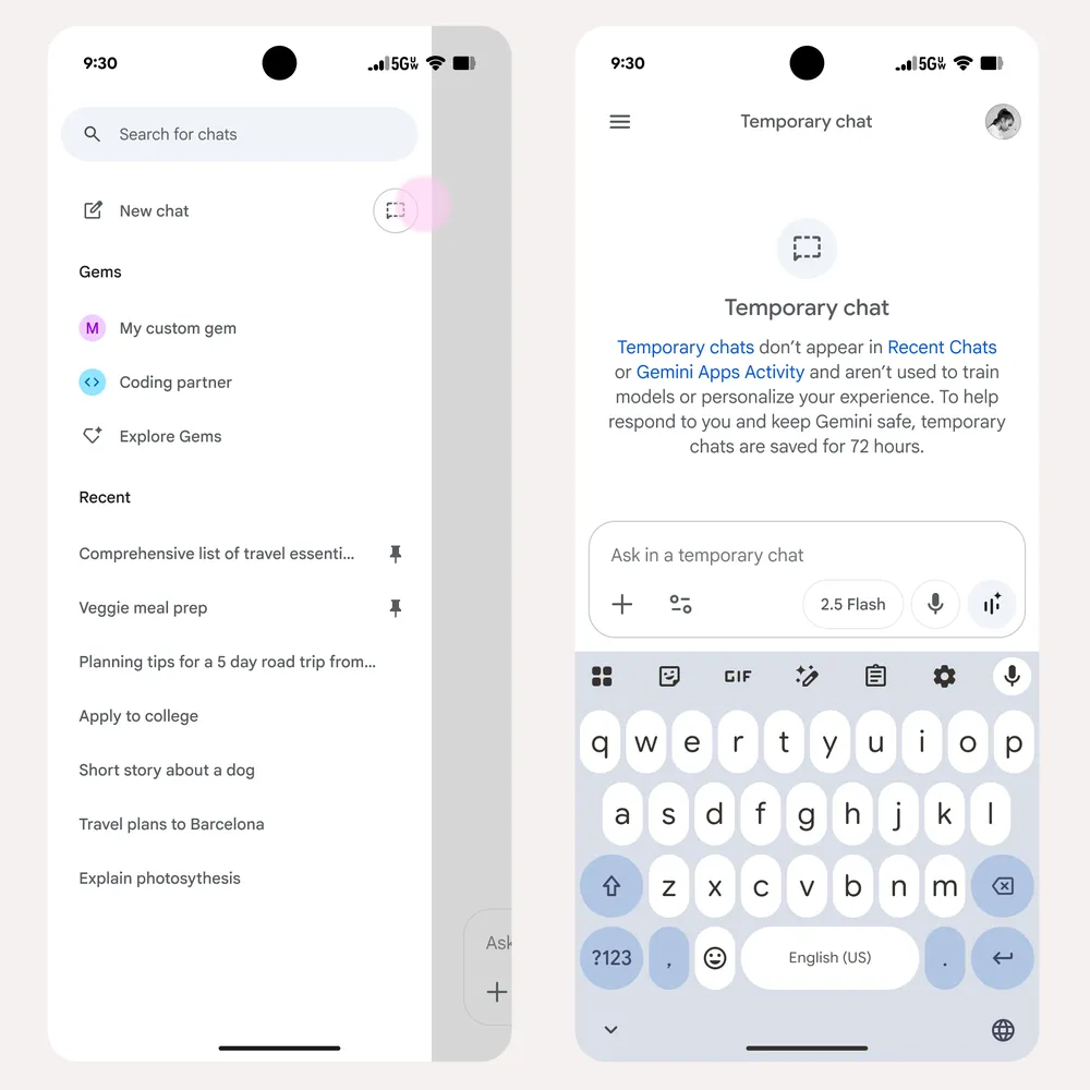 Dois prints do aplicativo Gemini em celulares mostrando como iniciar um chat temporário privado a partir da lista principal de conversas