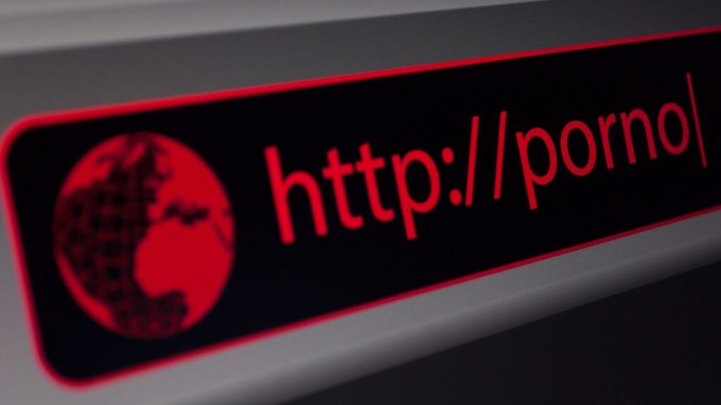 Close-up do navegador da Web - Placa de pornografia vermelha na barra de endereços - Profundidade de campo rasa