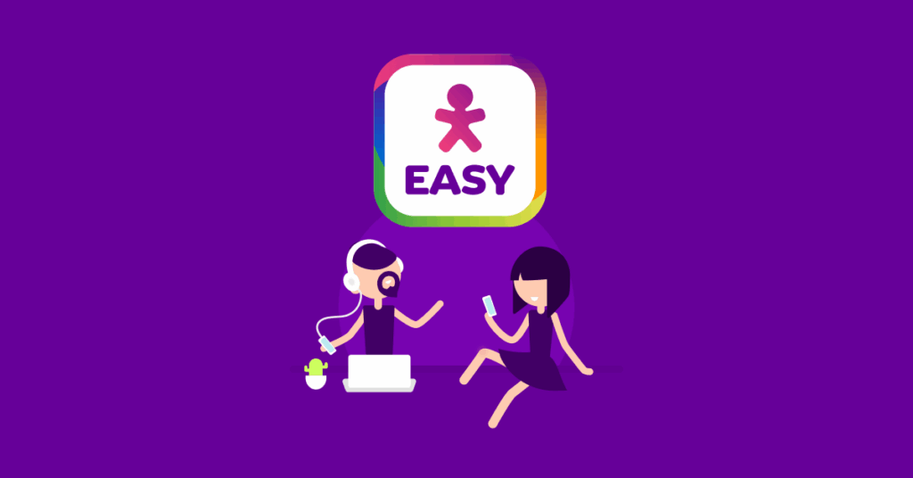 Logo do Vivo Easy azul e rosa sobre fundo roxo. Mudanças e aumento de preços em 2025.