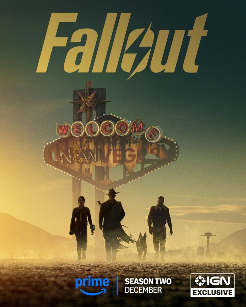 Imagem promocional de Fallout 2: personagens principais no deserto de New Vegas, atmosfera vibrante e arruinada