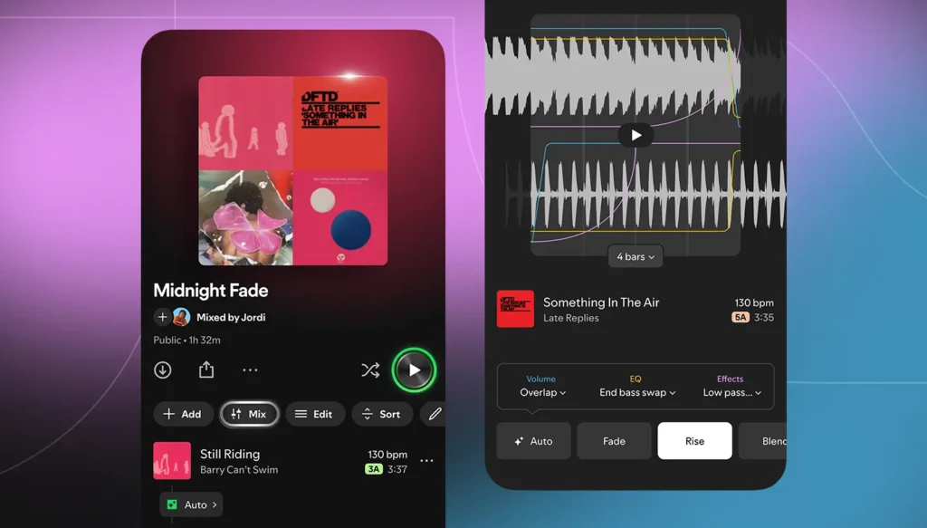 Spotify lança função para mixar músicas nas playlists 5 Duas telas do Spotify mostrando funções de mixagem: playlist e visualização técnica com buttons e bpm