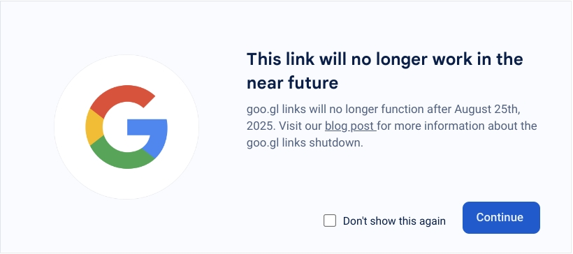 Aviso de descontinuação dos links do goo.gl exibido na tela; goo.gl será mantido para links com acessos recentes em 2024.