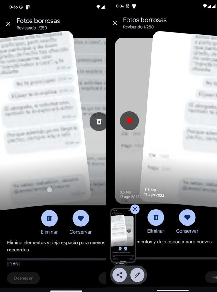 Captura de tela exibe interface da nova função de deslizar no Google Fotos, com botões de apagar para esquerda e manter para direita, similar ao Tinder.
