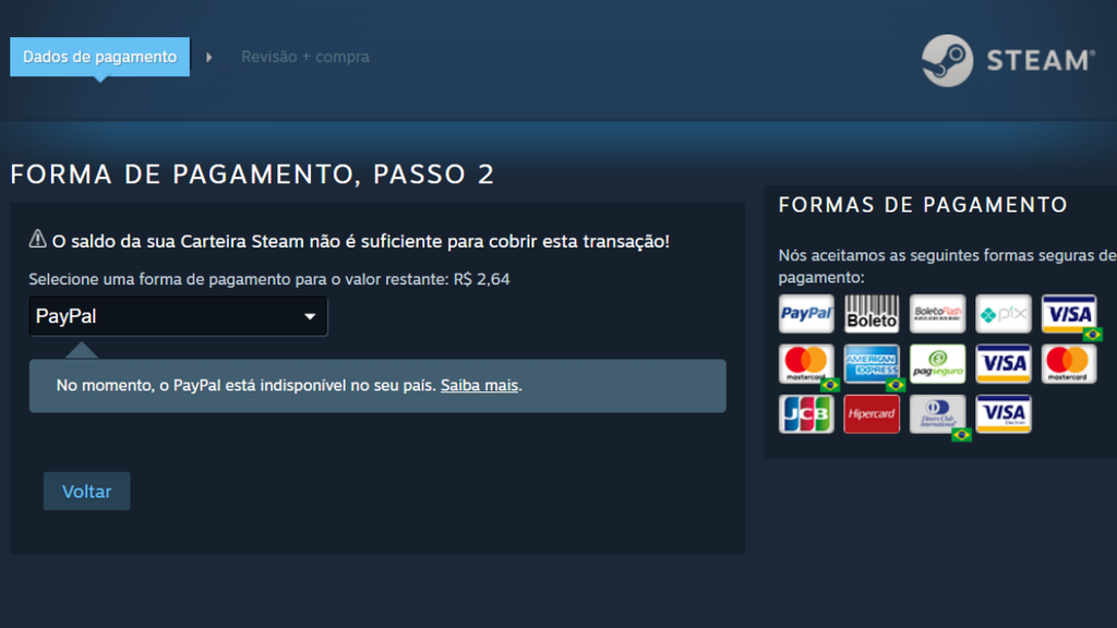 Demostração que é possível pagar pelo paypal na steam