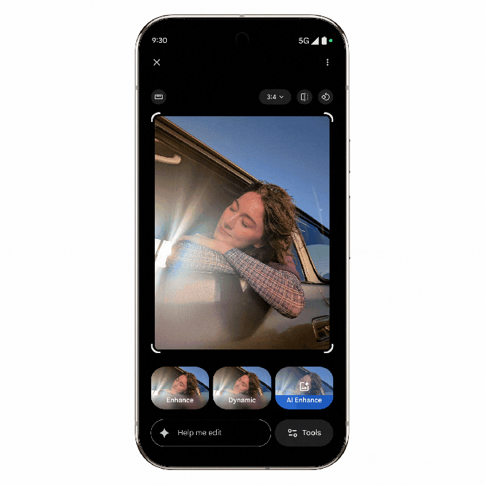 Google Fotos lança edição por voz com Gemini 6 Animação de edição automática no Google Fotos ajustando iluminação e removendo itens