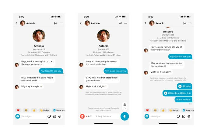 Tela do TikTok exibindo envio de fotos e vídeos nas mensagens diretas