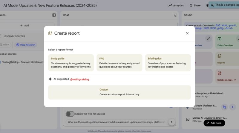NotebookLM com UI do Studio e relatórios sugeridos por IA; imagem ilustrativa da Google em 2025