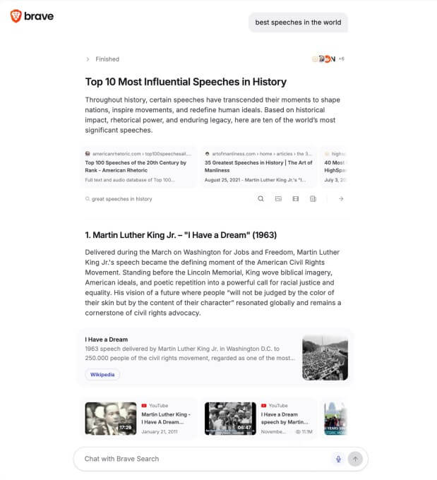 Interface do Ask Brave exibindo resposta longa com links, carrossel de imagens e cards de conteúdo