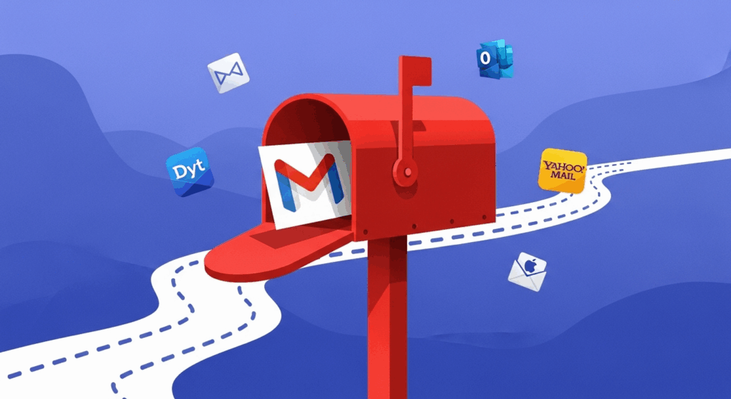 Caixa de correio vermelha com o logo do Gmail e ícones de add-ons flutuando; conceito de extensões do Gmail para produtividade