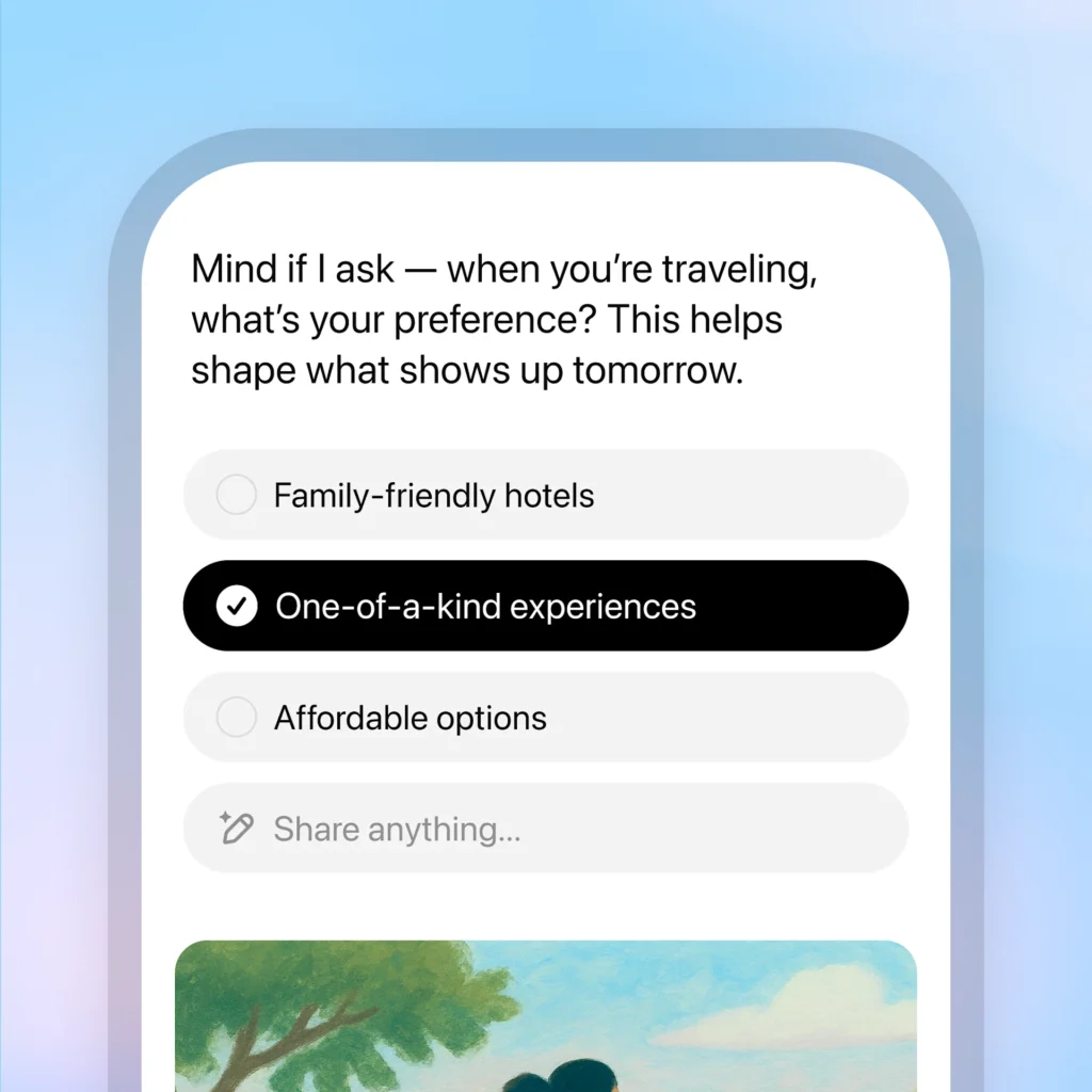 A interface do chatgpt Pulse mostra uma pequena ilustração quadrada de um avião verde sobrevoando um prédio colorido contra um céu azul. Abaixo, o texto: "Pulso de hoje. Dicas de viagem para Londres e algumas novas ideias para corrida de trilha."