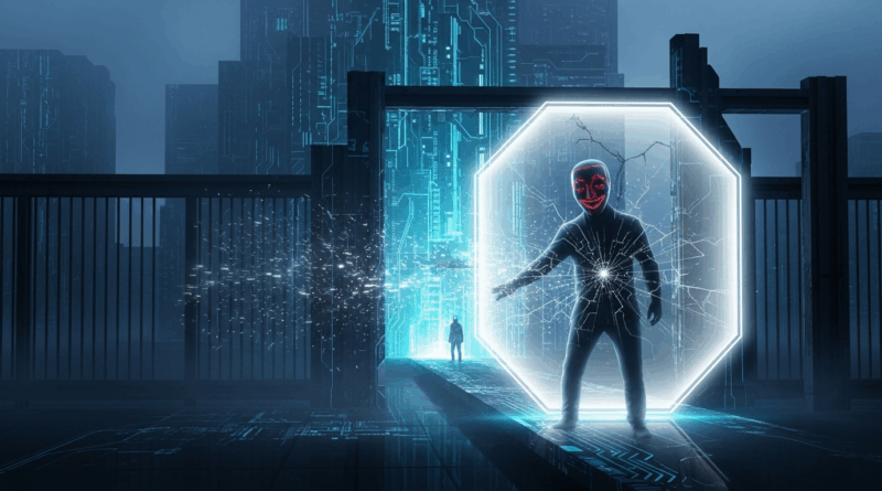 Representação da entrada de funcionário falso por fraude de contratação remota e ameaça à segurança das empresas. Situação comum em 2025.