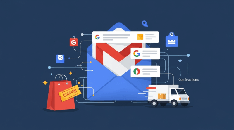 Ilustração: Gmail em destaque; nova Gmail aba compras e entregas para acompanhar pedidos e promoções com relevância