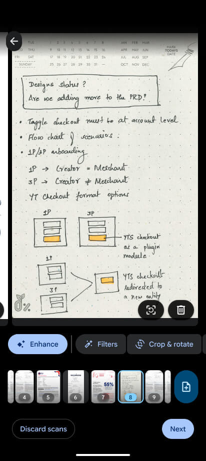 Depois: novo editor do Google Drive scanner em Material 3 Expressive com preview em tela cheia e carrossel de páginas