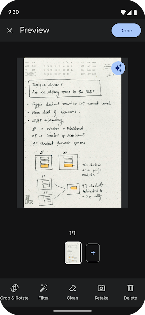 Antes: interface antiga do editor do Google Drive scanner com barra inferior e prévias pequenas