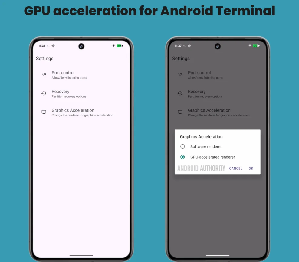 Tela de Graphics Acceleration no Terminal Linux do Android