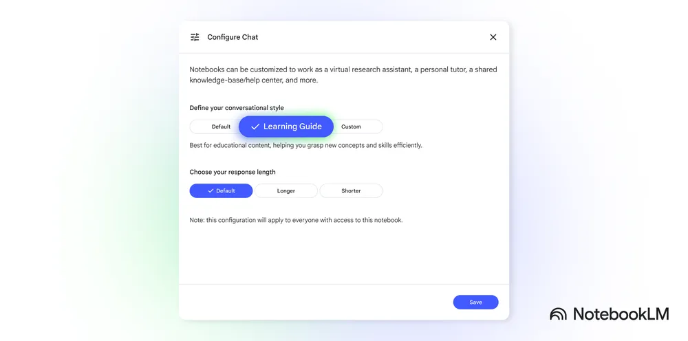 Menu de configuração do chat do NotebookLM com Learning Guide selecionado